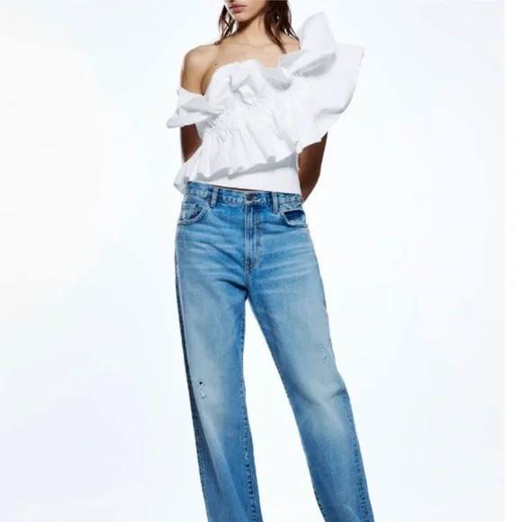 NWT Zara Blogger Fav Asymmetrical One Shoulder Poplin Ruffle Top White - Picture 7 of 16